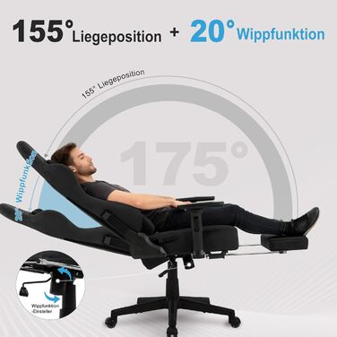 Ігрове крісло Symino з латексною подушкою сидіння, вантажопідйомність 300 кг, ергономічне комп&39ютерне крісло з поперековою опорою та підголівником з піни з ефектом пам&39яті, дихаюче офісне крісло зі штучної замші, чорне