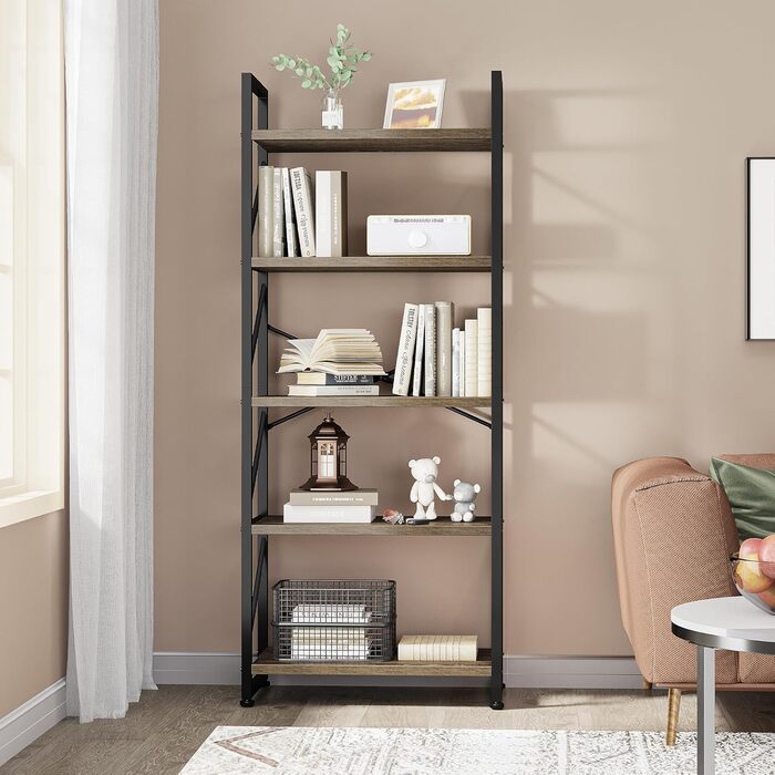 Рівнева книжкова полиця, окремостояча полиця в індустріальному стилі для вітальні, спальні, офісу, кухні, журналів, сіра, 30Г x 60Ш x 158В см, 5-