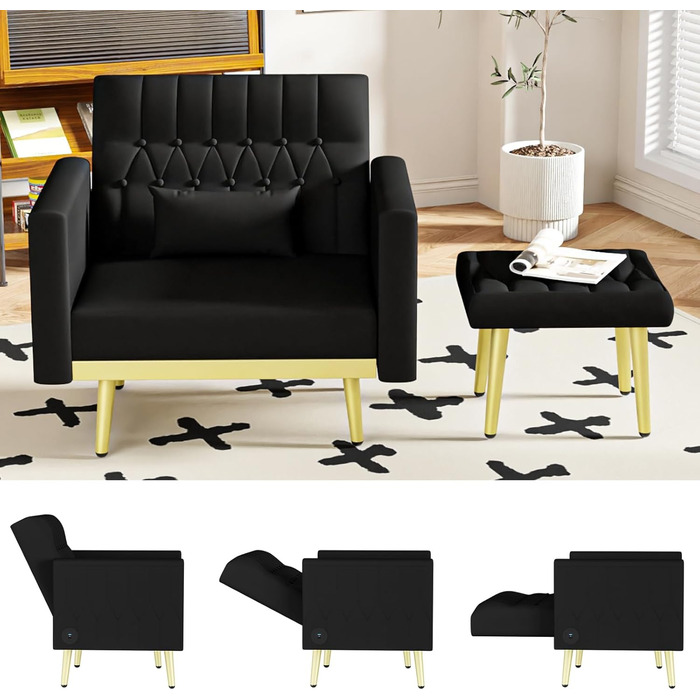 Крісло з відкидною спинкою та підставкою для ніг, 2 зарядні порти, зручне крісло для відпочинку, крісло для читання у вітальні, крісло для телевізора, м&39яке крісло, крісло-реклайнер, вантажопідйомність до 159 кг, оксамит (чорний)