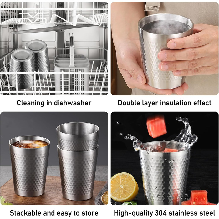 Набір чашок з нержавіючої сталі (5 предметів), штабельовані металеві чашки для пиття об&39ємом 300 мл з подвійними стінками, ударостійкі чарки, туристичні кухлі з молотковим візерунком, ізольовані чашки з нержавіючої сталі для пива, соку, води