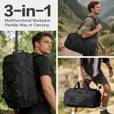 Тактична дорожня сумка-рюкзак 45 л для чоловіків та жінок, спортивна сумка 3-в-1 з відділенням для взуття, відділенням для вологи, багатофункціональна сумка для вихідних для спортзалу, подорожей, кемпінгу, походів, чорного кольору