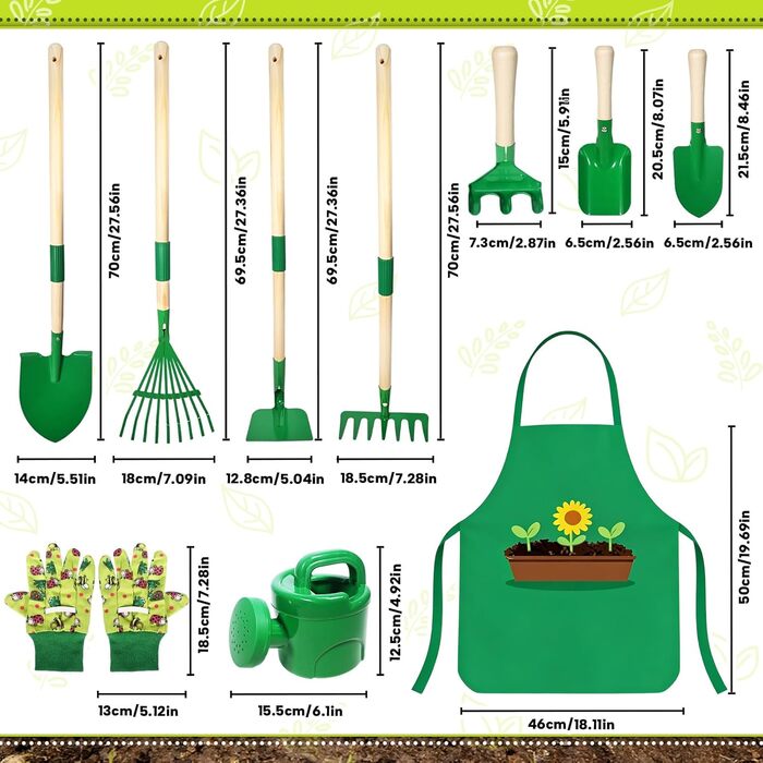 Набір дитячих садових інструментів (10 шт.) металевий набір з лопаткою, граблями, вилами, рукавичками, фартухом, лійкою, повний комплект для ігор у саду, на подвір'ї та газоні (зелений)