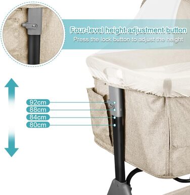 Дитяче ліжечко 3-в-1 приліжкове ліжечко, дитяча колиска та дорожнє ліжечко, 4-рівневе регулювання висоти дитячого ліжечка, що відкидається, дитяче ліжко, колиска для дітей вагою до 25 кг - 104 x 52 x 100-110 см - кремово-білий колір