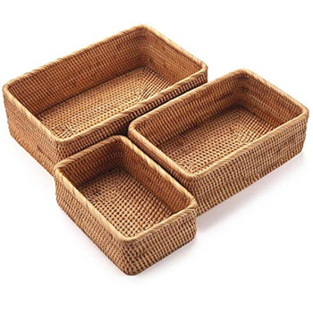 Кошики для зберігання з натурального ротанга, прямокутні плетені кошики для фруктів, органайзери для плетених кошиків для ванної кімнати, вітальні (комплект з 3 шт.)