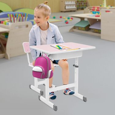 Дитячий письмовий набір, дитячий стіл з регульованою висотою (стіл 64-76 см, стілець 36-42 см), стіл з гачками, шухлядою та лотком для ручок для дітей віком 3-18 років, навчання письму та малюванню (рожевий, білий)