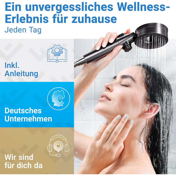 Душова лійка з фільтром 3 режими - включно з режимом підвищення тиску Економна душова лійка з мінеральними перлинами Ручна душова лійка, душова головка, душова насадка в чорному кольорі, включно з інструментом, запасними перлинами та матовою чорною панелл