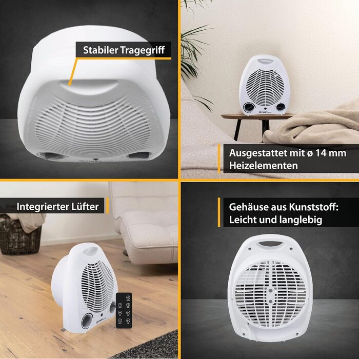 Тепловентиляторний обігрівач TZS First Austria, 1000/2000 Вт, 2 режими нагріву, термостат, захист від перегріву, окремий режим вентилятора, тихий (52 дБ), компактний, ручка для перенесення, готовий до використання, білий/сірий, енергозберігаючий
