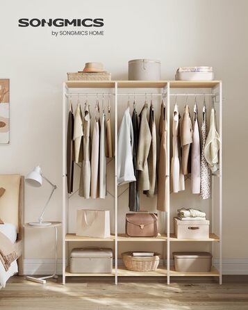 Відкрита шафа, вішалка для одягу, вішалка для пальто, шафа з рейкою для одягу, полиці, знімні гачки, 40 x 141 x 180 см, натуральний бежевий RGR005W67 Натуральний бежевий 40 x 141 x 180 см