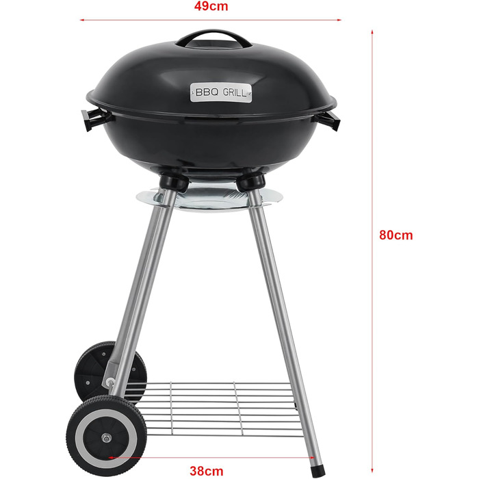 Гриль-барбекю Apricena на вугіллі, круглий, з візком, решітка з емальованої нержавіючої сталі, садовий гриль, 2 колеса, знімний кришка, 80 x 49 x 47 см, чорний