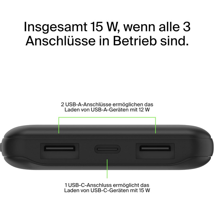 МАг, портативний зарядний пристрій USB-C з 1 портами USB-C і 2 USB-A, акумуляторна батарея для заряджання потужністю до 15 Вт, зовнішні акумулятори мобільних телефонів для iPhone, Galaxy, Pixel, AirPods, iPad тощо - чорний, 10000