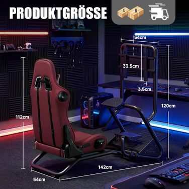 Підставка для керма гоночного симулятора з 3D стереодинаміками, кріпленням для монітора, регульованим кріпленням керма, кріпленням для важеля перемикання передач та педалями (бордовий)