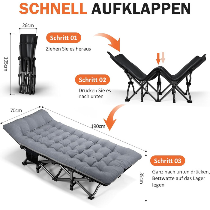 Розкладне кемпінгове ліжко, розкладне гостьове ліжко до 200 кг, з бічною кишенею, портативний кемпінговий шезлонг, для використання на природі, в саду, для подорожей, кемпінгу та в приміщенні (сіре)
