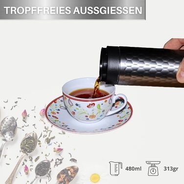 Пляшка для чаю з заварювальним контейнером - 480 мл - ізольована термокружка з нержавіючої сталі - чайник з вставкою для заварювання - отвір для пиття на 360 - 100 герметичний, екологічний (сірий) Сірий 480 мл