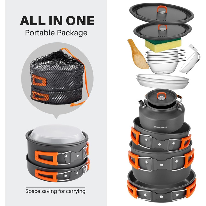 Набір посуду для кемпінгу Odoland з 15 предметів, набір посуду для кемпінгу з 2 каструлями, сковородою та чайником, набір посуду для кемпінгу, алюмінієвий посуд для 4-5 осіб, набір посуду для кемпінгу 1