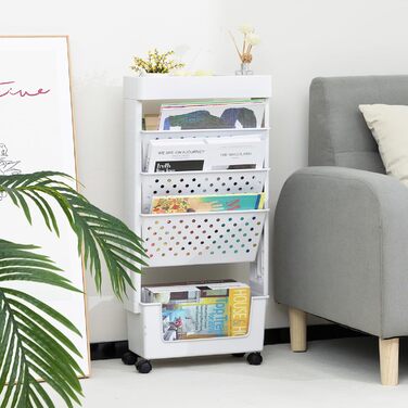 Невеликий книжковий візок, книжкова шафа з колесами, візок для рукоділля, вузький візок для зберігання, 5 ярусів, візок з книжковою полицею для вітальні, спальні, офісу, бібліотеки, чисто білий