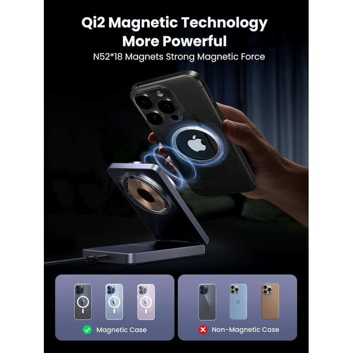 Сертифікована зарядна станція для iPhone потужністю 15 Вт, магнітна зарядна станція 2 в 1, сумісна з MagSafe, складний бездротовий