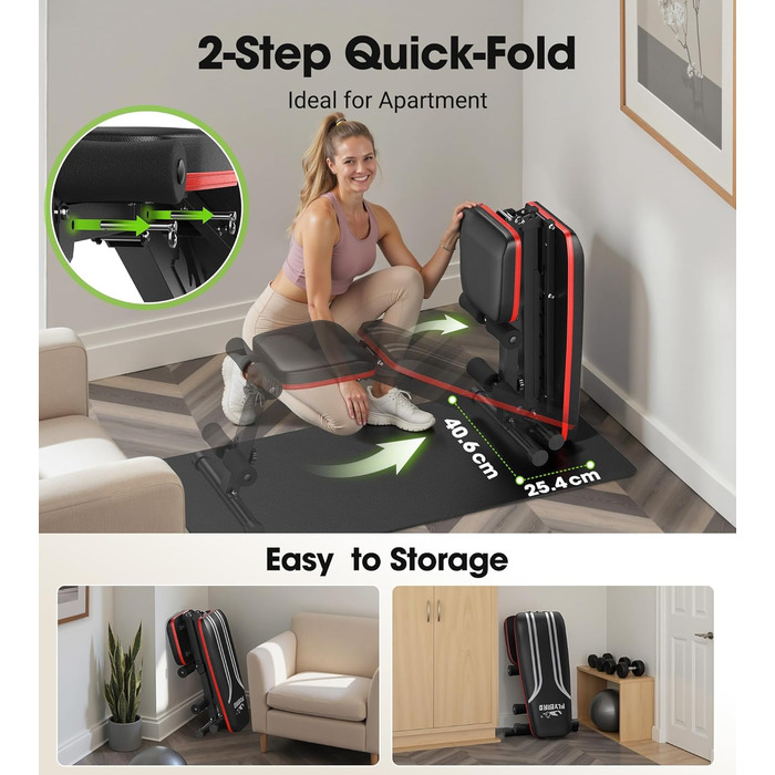 Багатофункціональна силова лава FLYBIRD, регульована спинка у 8 положеннях/регульована підставка для ніг у 3 положеннях, вантажопідйомність 300318 кг, складна тренувальна лава з нахилом 90 для домашнього спортзалу, чорно-червона