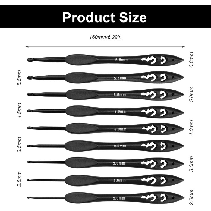Гачок для вязання LWLWA, 9 предметів, 9 розмірів, чорні гачки для вязання, набір гачків із пластиковою ручкою, ергономічний, елегантний ретро, для початківців та ентузіастів