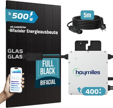 Балконна електростанція SUNNIVA 500 Вт ДВОФАЗІАЛЬНА FULLBLACK у комплекті з розеткою, інвертор HOYMILES 400 Вт, комплект фотоелектричної сонячної системи, двосторонній сонячний модуль N-типу зі скловолокна потужністю 500 Вт, кабель 5 м