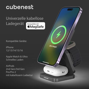 Складаний алюмінієвий бездротовий зарядний пристрій Cubenest 3в1 Сумісний з Magsafe, бездротовий зарядний пристрій для iPhone 12/1