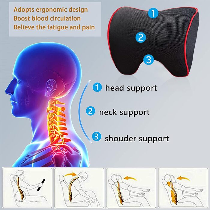 Автомобільна подушка для шиї ZATOOTO, подушка для шиї з піни з ефектом пам&39яті, подушка для голови, має регульований плечовий ремінь та чохол, який можна прати, для водія або пасажира, зручна, м&39яка та дихаюча (чорна) з червоною обробкою