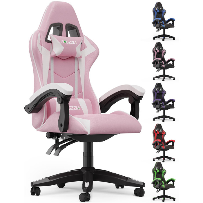 Ігрове крісло bigzzia, спинка з нахилом 90-135, ергономічне ігрове крісло з підголівником та підлокітниками, дихаюче комп&39ютерне крісло для підлітків, хлопчиків, дівчаток та дорослих, рожеве, базові стилі