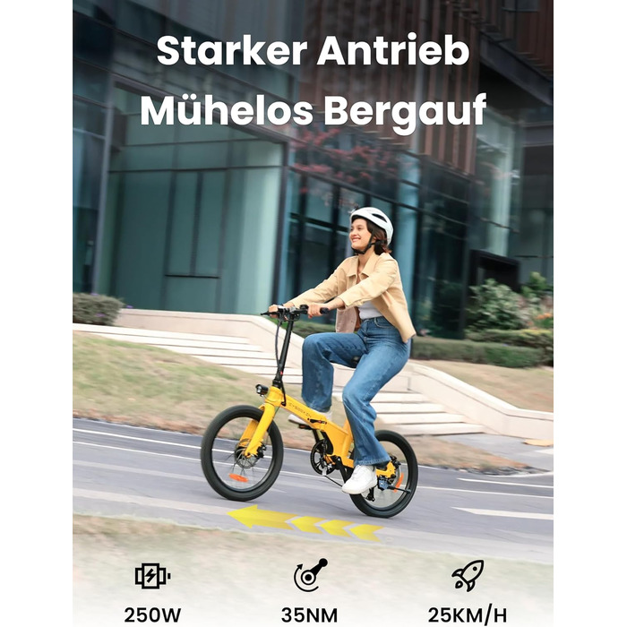 Складаний електровелосипед C10 20 дюймів, вага лише 18,6 кг, двигун 250 Вт, акумулятор 345,6 Втгод, електровелосипед із 7-швидкісною коробкою передач Shimano, запас ходу до 100 км, швидкість 25 км/год, РК-дисплей, ідеально підходить для поїздок на автофур