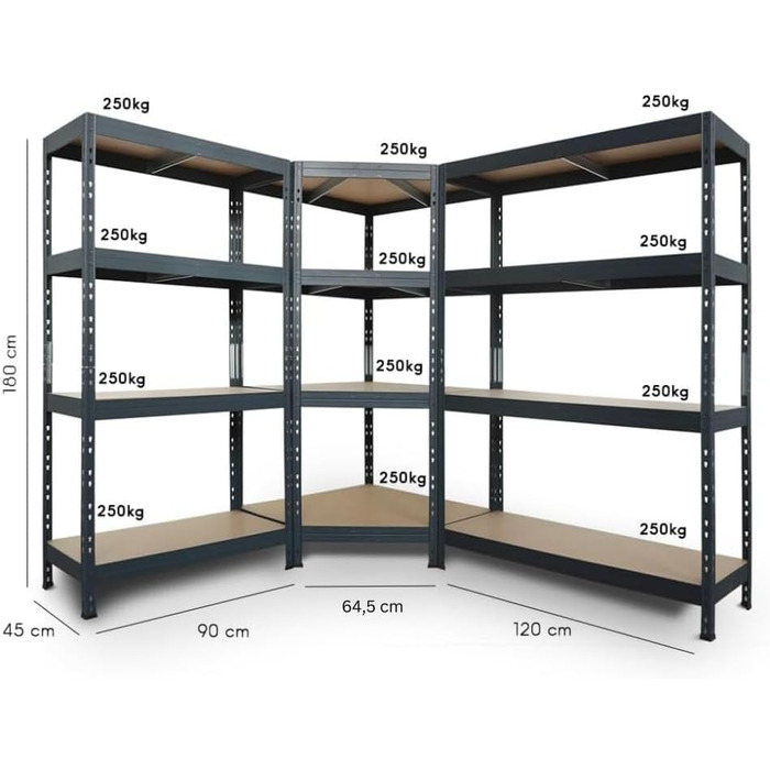 Поліжна система Rivet для важких умов експлуатації, антрацитово-сірий колір, 1 кутова полиця (180x90x45x64,5 см, 250 кг, 4 полиці з HDF) та 2 полиці без болтів (180x90x45 та 180x120x45 см, 250 кг)