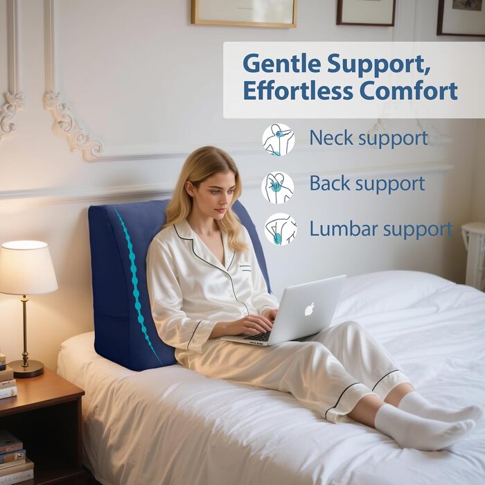 Клиноподібна подушка, опорна подушка, подушка для спинки ліжка, клиноподібна подушка для читання з підтримкою спини - ідеально підходить для ліжка та дивана, зручна подушка для сидіння, знімний оксамит (синій)