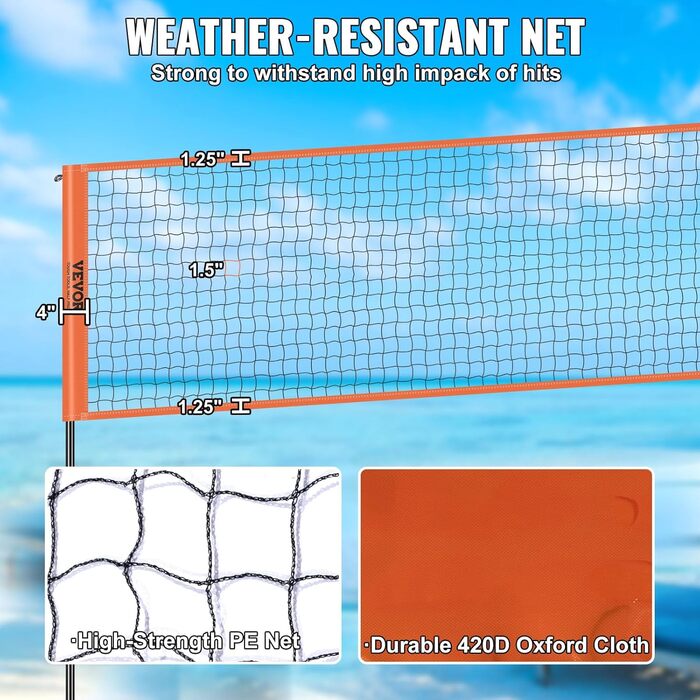 Комплект волейбольної сітки VEVOR з регульованою висотою, 4,3 x 2,2 м, портативна, для пляжу та саду (з м'ячем та сумкою для перенесення), Помаранчевий