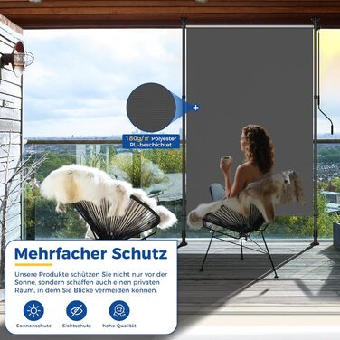 Вертикальна тентована маркіза для вулиці, Вертикальна тентована маркіза без свердління, Балконна жалюзі з ручним приводом, Ширма для забезпечення конфіденційності, Захист від сонця, Вітрозахист, Балкон та сад, 200 x (220-310) см, Ширина тканини 185,5 см, 