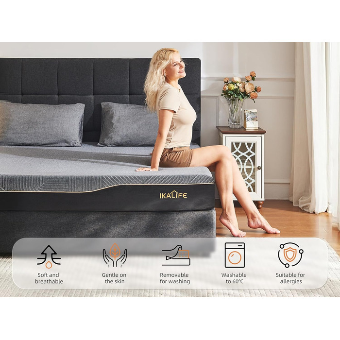 Зонний матрац з холодної піни, 90 x 200 см, матрац з гелевої піни з ефектом пам&39яті, середньої жорсткості (H3), суперм&39який, висота 20 см, сертифікований Oeko-TEX 100, дихаючий матрац, що згортається, чорний, 90 x 200 см, 7-