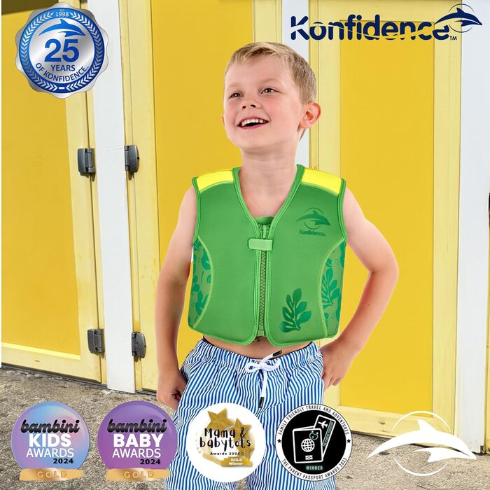 Рятувальний жилет Konfidence преміальний плавальний жилет зі знімним ременем безпеки для дітей Регульована плавучість Відповідає стандартам CE Рекомендовано школами плавання Maui Green S (до 3 років/до 19 кг)