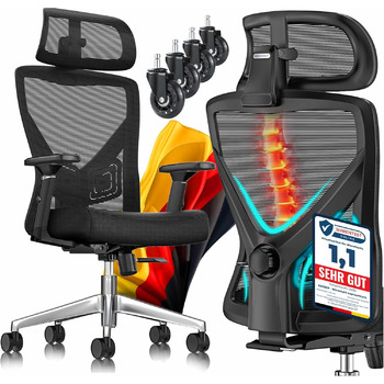 Ергономічне офісне крісло KESSER з регульованими підлокітниками Обертове крісло з поперековою опорою Зручне для спини письмове крісло з підголівником Офісне крісло з функцією нахилу до 125 та 5 гумовими колесами, чорне/сріблясте