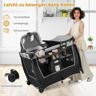 Ліжечко-дорожнє COSTWAY 6-в-1 з матрацом, портативна дитяча колиска з регульованим балдахіном, складне дитяче ліжко/спальне місце з пеленальний килимок, музичний мобіль та сумка для перенесення для дітей до 3 років, вантажопідйомність 15 кг (сірий) (1 упа