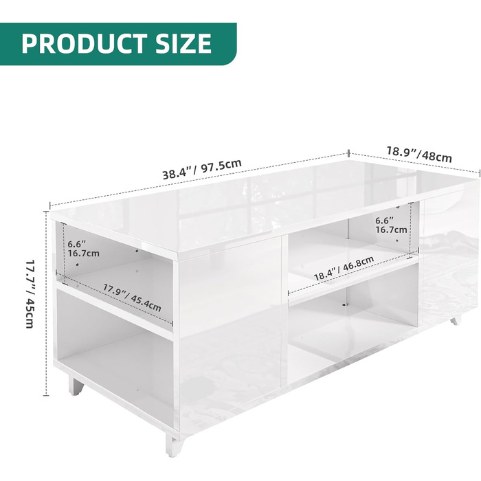 Журнальний столик YITAHOME, білий глянцевий, сучасний стіл для вітальні з 16-кольоровим світлодіодним підсвічуванням, журнальний столик біля дивана з регульованою полицею, 97,5 x 48 x 45 см, білий, без шухляд