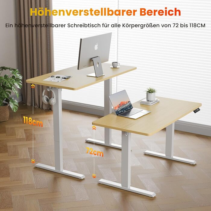 Стіл з регульованою висотою, електричний комп&39ютерний стіл 140 x 60 см, стіл для роботи сидячи та стоячи з 4 положеннями пам&39яті, стіл для роботи стоячи з 2 гачками для офісу, з&39єднувальна пластина, дуб
