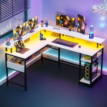 Г-подібний ігровий стіл Rolanstar зі світлодіодним освітленням та розеткою, 137 x 108 см, комп&39ютерний стіл з підставкою для монітора та місцем для зберігання, двосторонній кутовий стіл для офісу та домашнього офісу (білий)