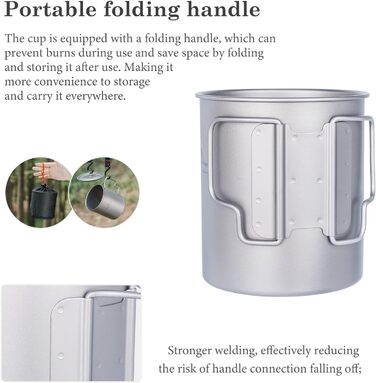 Одностінна титанова кружка Boundless Voyage з кришкою, складна ручка, для активного відпочинку на природі, кемпінгу, надлегка, для води, чаю, кави, 750 мл, 750 мл, 1 упаковка