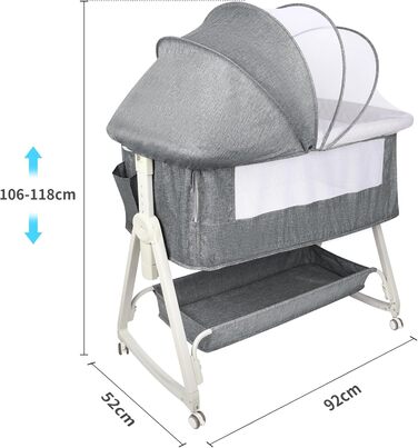 Ліжечко 3-в-1, дорожнє ліжечко для немовлят з матрацом, 6-позиційне регульоване по висоті дитяче ліжечко з верхньою платформою, портативна колиска з колесами для дітей до 36 місяців - 92 x 52 x 106-118 см - Білосніжний сірий