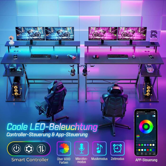 Ігровий стіл SEVEN WARRIOR зі світлодіодним освітленням та розетками, ігровий стіл з підставкою для монітора, комп&39ютерний стіл з 2 гачками, ідеально підходить для кабінету, спальні, вітальні, 100 x 47 x 87 см