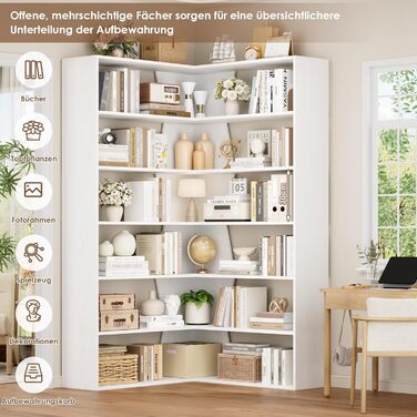 Кутова полиця FirFurd 190 см, книжкова шафа-ліжко, кутова книжкова шафа з 6 полицями, L-подібна кутова шафа, висока шафа, книжкова шафа, кутова вітрина для кабінету, вітальні, кухні, 90x90x190,5 см, білий