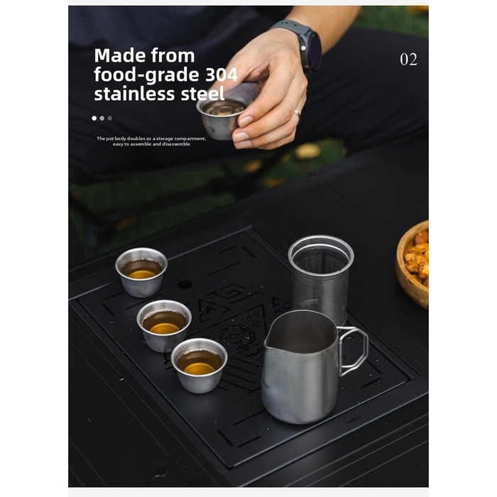 Чайний сервіз з нержавіючої сталі 304 для подорожей та кемпінгу на 4 особи, з фільтром та герметичним носиком, включає чайник та 4 чашки