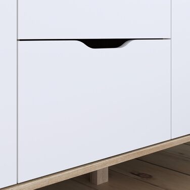 Гардероб Forte VANKKA 230, шафа в скандинавському стилі з 5 дверима на петлях та 2 шухлядами, витончені меблеві ніжки, інженерна деревина, декор дубовими дошками Білий, 228,8 см завширшки x 201,5 см заввишки x 52,7 см завглибшки. Біло-дубова 5-дверна шафа