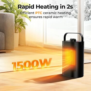 Енергозберігаючий електричний вентилятор-обігрівач, керамічний нагрівальний елемент PTC потужністю 1500 Вт, 3-ступінчастий режим, захист від перегріву та перекидання, портативний електричний обігрівач для кімнат, спалень та офісів Енергозбереження класу А