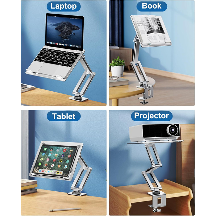 Тримач для ноутбука з поворотним механізмом на 360, алюмінієва підставка для ноутбука на стіл, регульована, складна підставка/тримач для ноутбуків та планшетів 10-16 дюймів, сріблястий