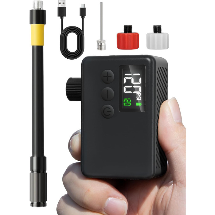 Велосипедний насос GPUTEK, міні-електричний, 71 x 30 x 43 мм, 120 psi, нержавіюча сталь, чорний