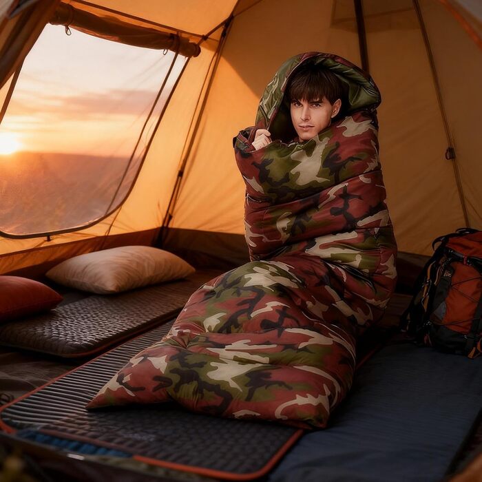 Спальний мішок для дорослих Теплий для кемпінгу Портативний та теплий спальний мішок - для піших прогулянок, трекінгу, виживання, зими та осені, автомобільних подорожей, камуфляжу