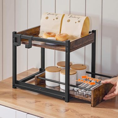 Підставка для спецій HOOBRO, 2-рівнева кухонна полиця, підставка для спецій з висувними лотками та гачками, кухонний органайзер, для кухні, вітальні, спальні, рустикальний коричневий та чорний EBF08TL01