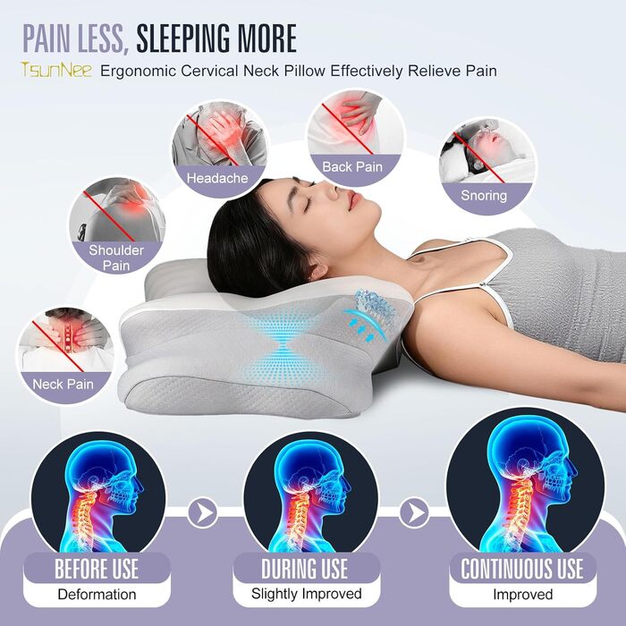 Подушка з піни з ефектом пам&39яті 60D, ортопедична ергономічна подушка для болю в шиї та плечах, підтримка шийного відділу хребта для сну на боці, спині та животі, з 2 наволочками, що праються, сіра, 62 x 37,3 x 14,4/9 см